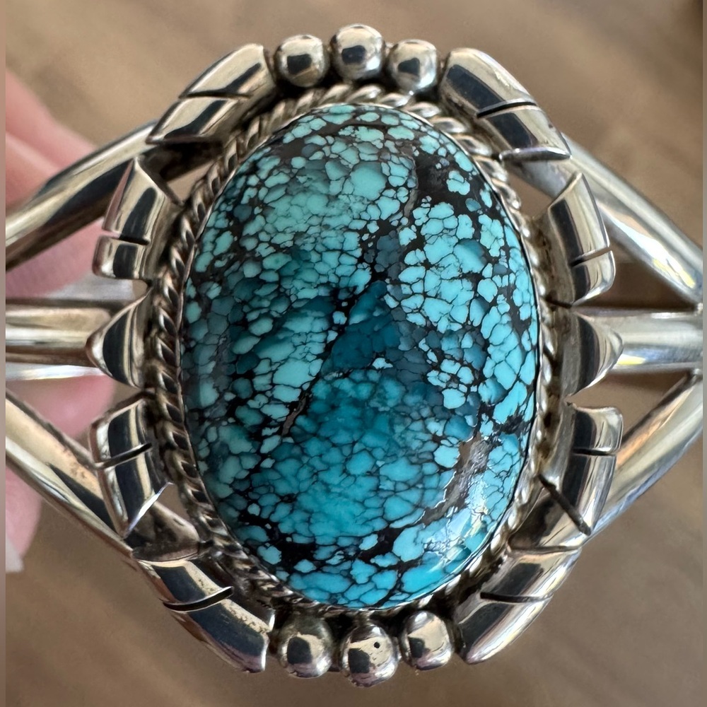 Native American Genuine Turquoise and Sterling Silver Cuff - Picture 7 of 8
